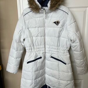 NFL Women’s White Puffer Coat with Fur Hood Los Angeles Rams Sz XL